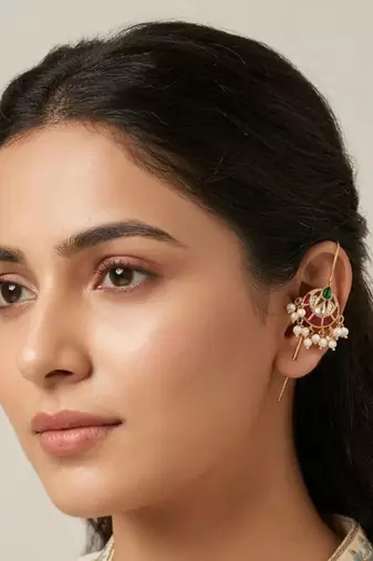 Vira Temple Pearl Ear Cuff | Temple Design Sui Dhaaga Stick Earrings | 18K Gold Plated Jewellery