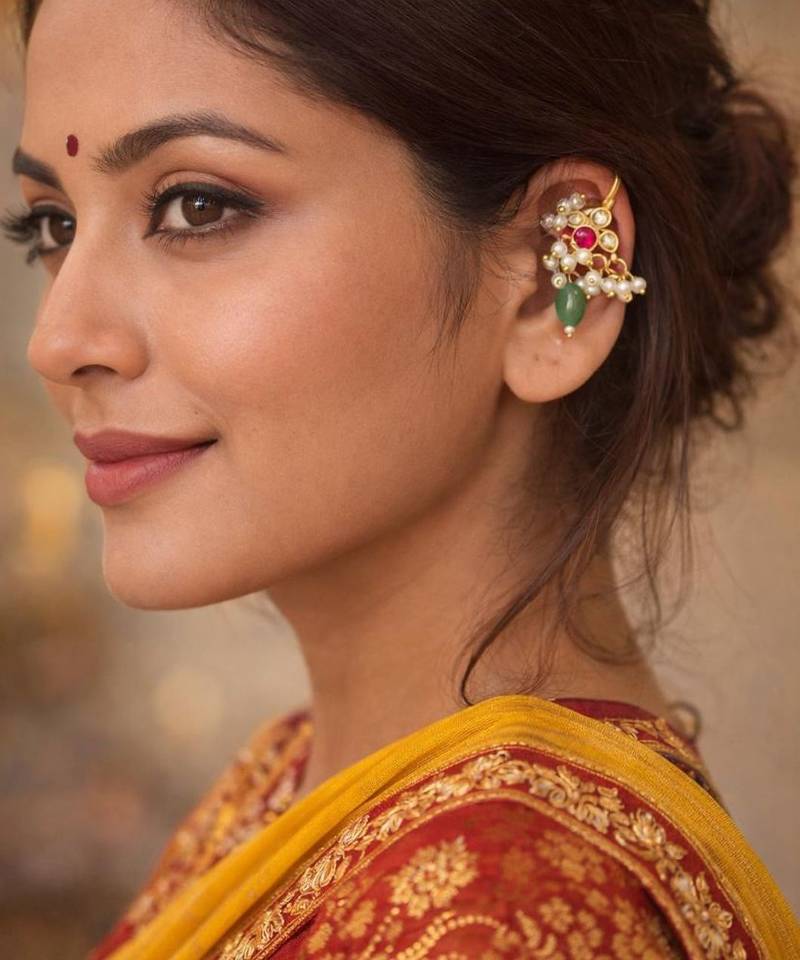 Noor kundan pearl drop ear cuffs