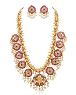 Padmavalli Lakshmi Bridal Haar Set | 18K Gold Plated Red, Green Guttapusalu & Pearl Drop Statement Jewellery 1