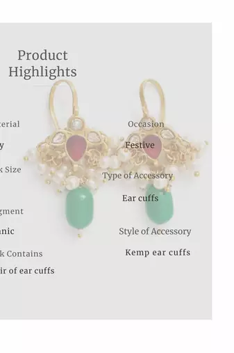 Noor Kundan Pearl Drop Ear Cuffs | Kundan Bugadi Pearl Earrings | 18K Gold Plated Jewellery