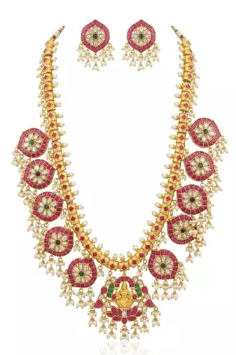 Padmavalli Lakshmi Bridal Haar Set | 18K Gold Plated Red, Green Guttapusalu & Pearl Drop Statement Jewellery