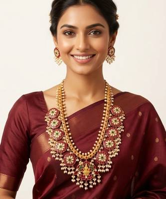 Padmavalli Lakshmi Bridal Haar Set | 18K Gold Plated Red, Green Guttapusalu & Pearl Drop Statement Jewellery 3