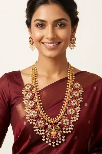 Padmavalli Lakshmi Bridal Haar Set | 18K Gold Plated Red, Green Guttapusalu & Pearl Drop Statement Jewellery