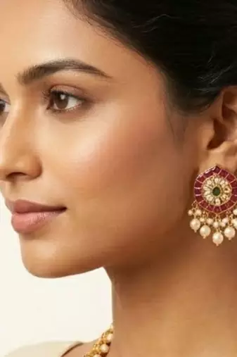 Padmavalli Lakshmi Bridal Haar Set | 18K Gold Plated Red, Green Guttapusalu & Pearl Drop Statement Jewellery