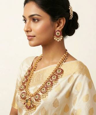 Padmavalli Lakshmi Bridal Haar Set | 18K Gold Plated Red, Green Guttapusalu & Pearl Drop Statement Jewellery 5