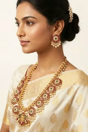 Padmavalli Lakshmi Bridal Haar Set | 18K Gold Plated Red, Green Guttapusalu & Pearl Drop Statement Jewellery