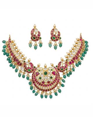 Morvaara Emerald Kundan Bridal Set | 18K Gold Plated Red, White & Green Stone Statement Jewellery 2