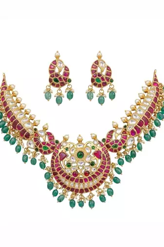 Morvaara Emerald Kundan Bridal Set | 18K Gold Plated Red, White & Green Stone Statement Jewellery