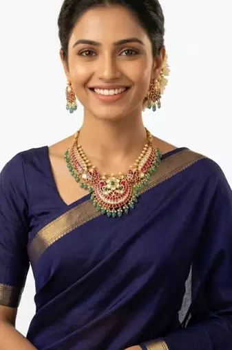 Morvaara Emerald Kundan Bridal Set | 18K Gold Plated Red, White & Green Stone Statement Jewellery