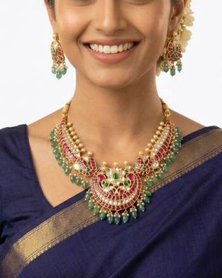 Morvaara Emerald Kundan Bridal Set | 18K Gold Plated Red, White & Green Stone Statement Jewellery 5