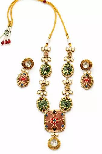 Rang Mahal Pink & Green Kundan Necklace Set | Multi-Color 18K Gold Plated Bridal & Festive Statement Jewellery