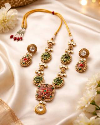 Rang Mahal Pink & Green Kundan Necklace Set | Multi-Color 18K Gold Plated Bridal & Festive Statement Jewellery 3