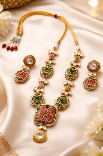 Rang Mahal Pink & Green Kundan Necklace Set | Multi-Color 18K Gold Plated Bridal & Festive Statement Jewellery