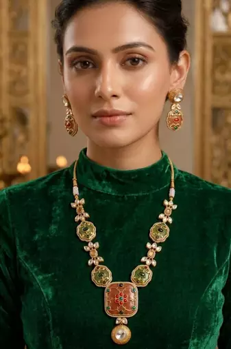 Rang Mahal Pink & Green Kundan Necklace Set | Multi-Color 18K Gold Plated Bridal & Festive Statement Jewellery