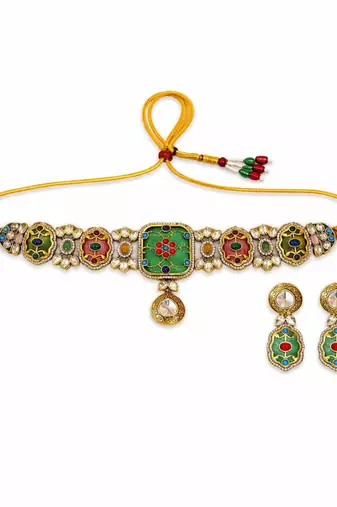 Rang Mahal Pink & Green Kundan Choker Set | Women’s Multi-Color 18K Gold Plated Bridal Jewellery