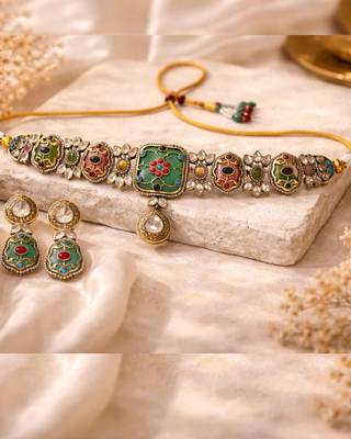 Rang Mahal Pink & Green Kundan Choker Set | Women’s Multi-Color 18K Gold Plated Bridal Jewellery 4