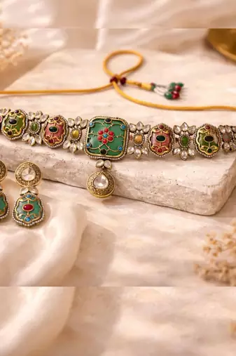 Rang Mahal Pink & Green Kundan Choker Set | Women’s Multi-Color 18K Gold Plated Bridal Jewellery