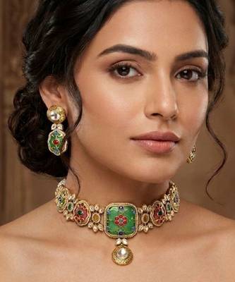 Rang Mahal Pink & Green Kundan Choker Set | Women’s Multi-Color 18K Gold Plated Bridal Jewellery 6