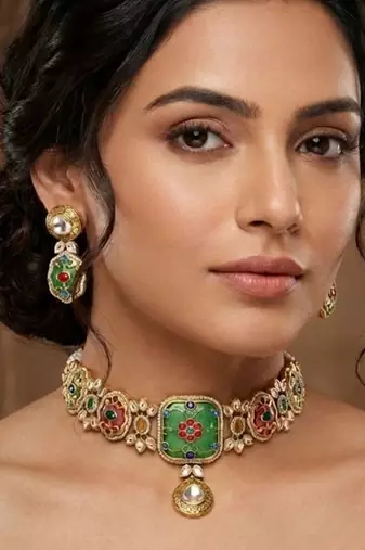 Rang Mahal Pink & Green Kundan Choker Set | Women’s Multi-Color 18K Gold Plated Bridal Jewellery