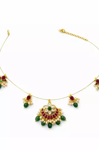 Padma Noor Traditional Wire Necklace with Kundan Floral Pendant & Pearl Charms | 18K Gold Plated