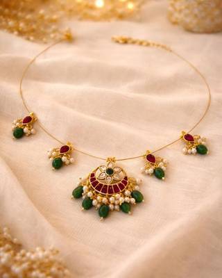 Padma Noor Traditional Wire Necklace with Kundan Floral Pendant & Pearl Charms | 18K Gold Plated 3
