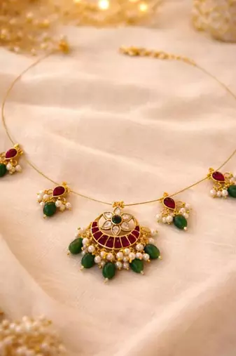 Padma Noor Traditional Wire Necklace with Kundan Floral Pendant & Pearl Charms | 18K Gold Plated