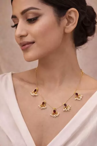 Padma Noor Traditional Wire Necklace with Kundan Floral Pendant & Pearl Charms | 18K Gold Plated