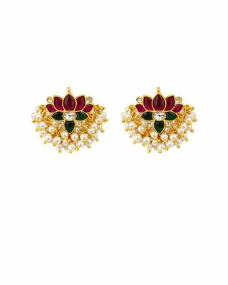 Padma Royale Kundan Pearl Stud Earrings | Lotus Design Statement Studs | Traditional & Festive Jewellery 1