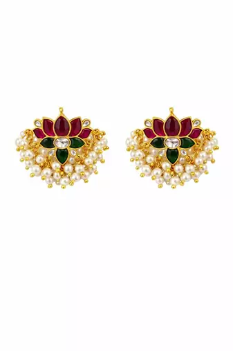 Padma Royale Kundan Pearl Stud Earrings | Lotus Design Statement Studs | Traditional & Festive Jewellery