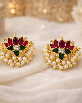 Padma Royale Kundan Pearl Stud Earrings | Lotus Design Statement Studs | Traditional & Festive Jewellery 3