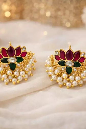 Padma Royale Kundan Pearl Stud Earrings | Lotus Design Statement Studs | Traditional & Festive Jewellery