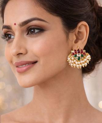 Padma Royale Kundan Pearl Stud Earrings | Lotus Design Statement Studs | Traditional & Festive Jewellery 4