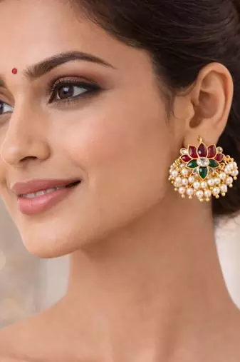 Padma Royale Kundan Pearl Stud Earrings | Lotus Design Statement Studs | Traditional & Festive Jewellery