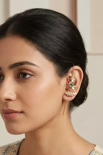 Mayura Mini Bird Ear Cuff | Bird Motif Sui Dhaaga Stick Earrings | 18K Gold Plated Jewellery