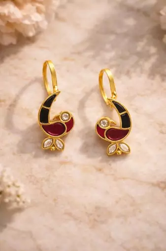 Mayura Enamel Bird Ear Cuff | Enamel Bird Motif Sui Dhaaga Stick Earring | Minimal Traditional & Festive Jewellery