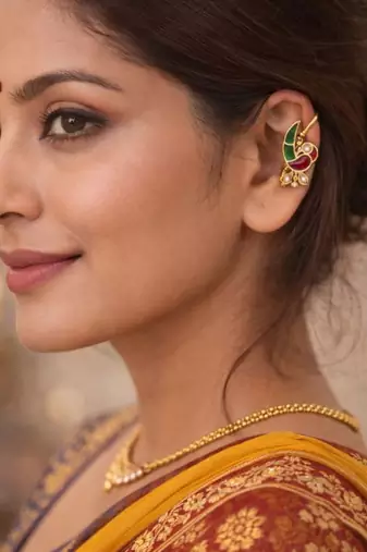 Mayura Enamel Bird Ear Cuff | Enamel Bird Motif Sui Dhaaga Stick Earring | Minimal Traditional & Festive Jewellery