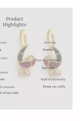 Mayura Enamel Bird Ear Cuff | Enamel Bird Motif Sui Dhaaga Stick Earring | Minimal Traditional & Festive Jewellery