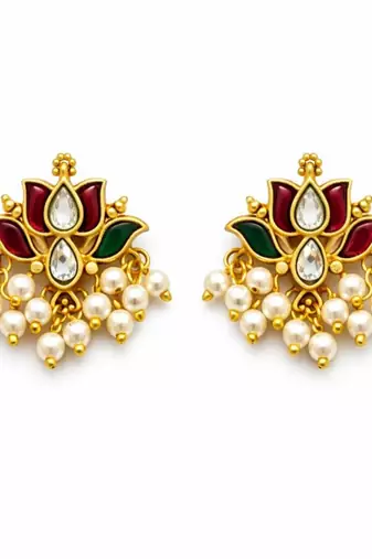 Padma Mini Lotus Kundan Pearl Stud Earrings | Delicate Lotus Kundan Studs | Traditional & Festive Jewellery