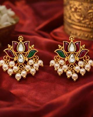 Padma Mini Lotus Kundan Pearl Stud Earrings | Delicate Lotus Kundan Studs | Traditional & Festive Jewellery 3