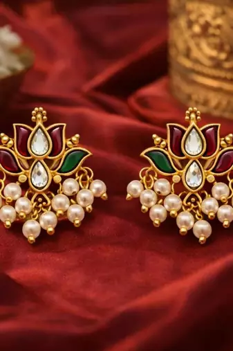 Padma Mini Lotus Kundan Pearl Stud Earrings | Delicate Lotus Kundan Studs | Traditional & Festive Jewellery