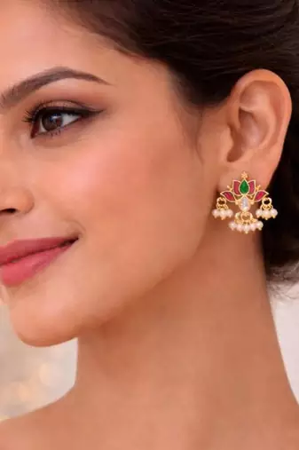 Padma Mini Lotus Kundan Pearl Stud Earrings | Delicate Lotus Kundan Studs | Traditional & Festive Jewellery