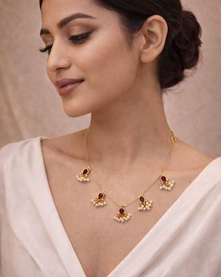 Noor Reversible Red & Green Pearl Charm Wire Necklace | 18K Gold Plated Festive Jewellery 4