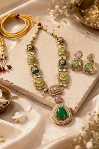 Rang Mahal Kundan Statement Necklace & Earrings Set | Women’s Multi-Color 18K Gold Plated Festive & Bridal Jewellery