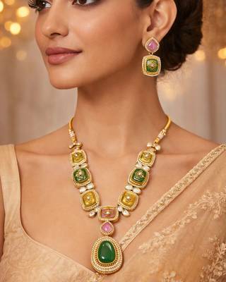 Rang Mahal Kundan Statement Necklace & Earrings Set | Women’s Multi-Color 18K Gold Plated Festive & Bridal Jewellery 5