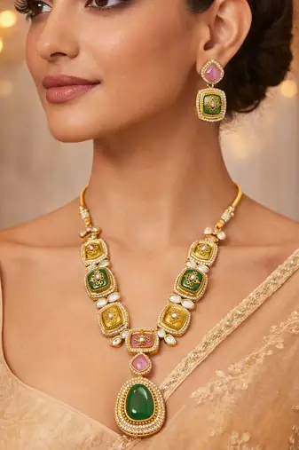 Rang Mahal Kundan Statement Necklace & Earrings Set | Women’s Multi-Color 18K Gold Plated Festive & Bridal Jewellery