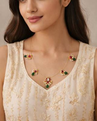 Padma Noor Lotus Wire Necklace with Pearl Drops & Red Green Stones | 18K Gold Plated 1