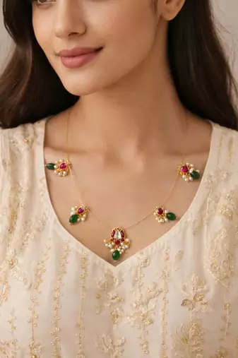 Padma Noor Lotus Wire Necklace with Pearl Drops & Red Green Stones | 18K Gold Plated