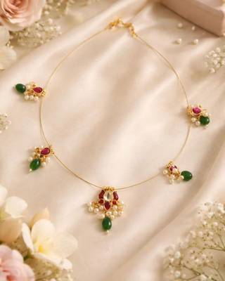 Padma Noor Lotus Wire Necklace with Pearl Drops & Red Green Stones | 18K Gold Plated 3