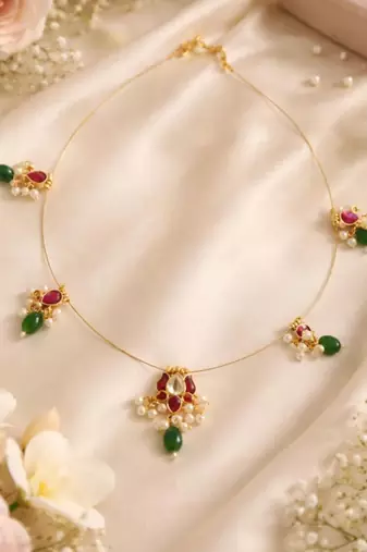 Padma Noor Lotus Wire Necklace with Pearl Drops & Red Green Stones | 18K Gold Plated