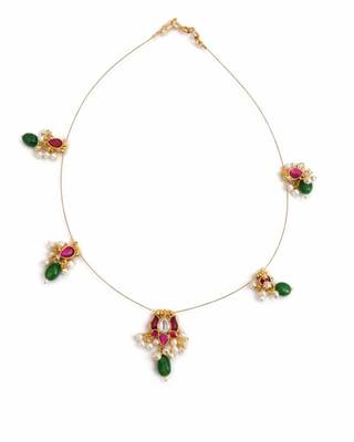 Padma Noor Lotus Wire Necklace with Pearl Drops & Red Green Stones | 18K Gold Plated 5